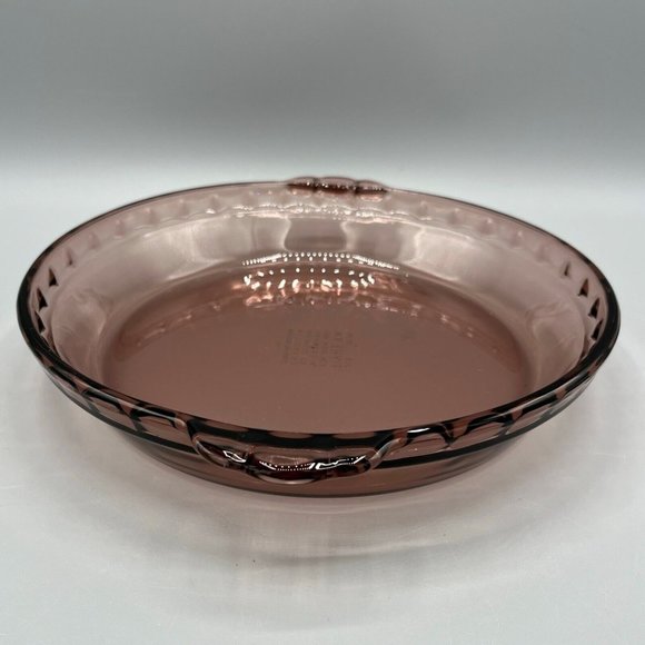 Pyrex Cranberry Glass Deep Pie Dish 229 Crimped Edge 24cm Fluted Handles Plate - Picture 4 of 7